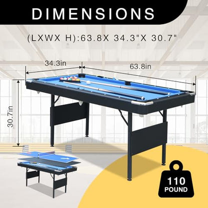 3 in 1 Pool Table Ping Pong Dining Table Combo,63.8 Foldable Billiard Tables/Table Tennis, Multi Game Table, with Billiard and Tennis Paddles Accessories - color: 3 in 1 Pool Table+Blue