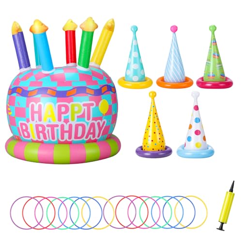 Birthday Inflatable Ring Toss Game Kit, Include Birthday Cake Shape Inflatable Party Games Colorful Rings Outdoor Lawn Yard Games for Family Decorations