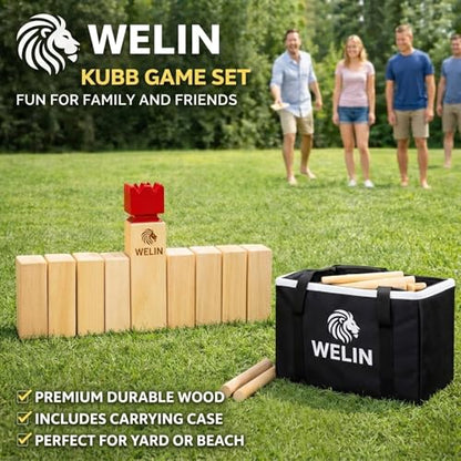 WELIN Kubb Game Set – Professional Size Viking Chess Outdoor Yard Game, Solid Rubber Wood Backyard Tossing Game with Carrying Case for Beach, Party & Family Fun