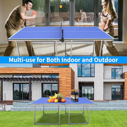 Compact Ping Pong Table, 6ft Mid-Size Indoor/Outdoor Table Tennis Game Set, Foldable, Portable Table Tennis Table with Net, 2 Table Tennis Paddles and 3 Balls