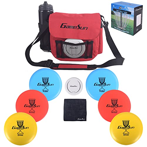 DISC Golf Set-Includes 1pc Heavy Duty Nylon Carry Bag, 2pcs Drivers, 2pcs Mid-Ranges, 2pcs Putters, 1pc Mini Disc Marker, 1pc 12”x12” Embroider Logo Black Towel and 1pc Gift Color Box - color: Red