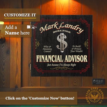 THOUSAND OAKS BARREL Personalized Financial Advisor Dart Board Cabinet Set - Imprinted Dart Board Cabinet for Office - Scoreboard, 6 Steel Tip Darts, Chalk, and Eraser (21.5" x 21" x 2.125") - style: Financial Advisor Dartboard & Cabinet Set