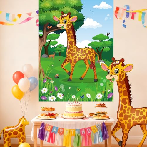 PLULON Pin The Tail on The Giraffe Party Game, Birthday Games Big Giraffe Poster with Tail Stickers for Zoo Animal Party Favors Wall Decorations Birthday Activities Jungle Party Supplies - style: Giraffe