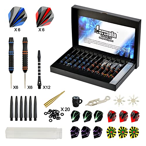 Formula Sports Darts Metal Tip Set - Steel Tip Darts Professional Metal Darts Set 12PCS 21/23 Grams Pro Darts Set with Aluminium Shafts, Extra Flights, Dart Sharpener, Flight Protector