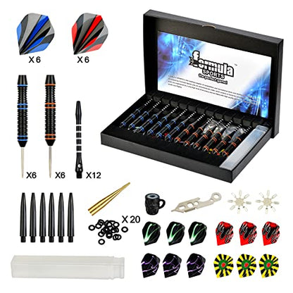 Formula Sports Darts Metal Tip Set - Steel Tip Darts Professional Metal Darts Set 12PCS 21/23 Grams Pro Darts Set with Aluminium Shafts, Extra Flights, Dart Sharpener, Flight Protector