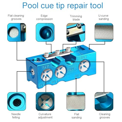 11-in-1 Pool Cue Tip Repair kit, Professional All-in-One Pool Stick Tip Tool for Shaping, Replacement, Maintenance. Tips Shaper & Scuffer kit, Pool Cue Trimmer (Blue Aluminum)