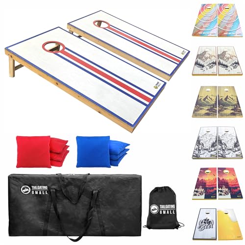 Cornhole Board Set 4FTx2FT Solid Wood Regulation Size Cornhole Set Includes 8 Cornhole Bags for Adults - color: Red&Blue Strip