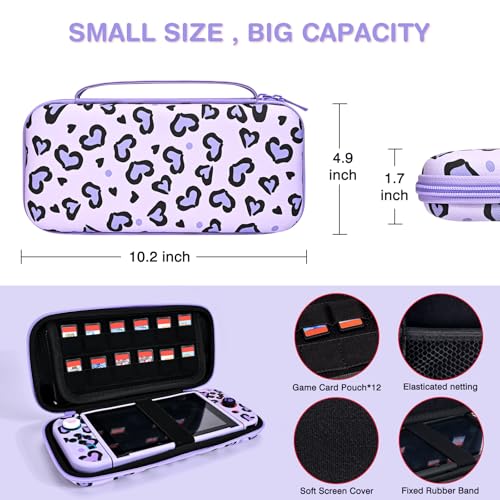 DLseego Love Leopard Carrying Case for Switch OLED 2021 Accessories Set, Portable Carrying Case with 1 Soft TPU Shell & 1PCS Plush Pendant & 12 Slots & 4PCS Cat Paw Thumb Grips Caps - Purple - color: Purple