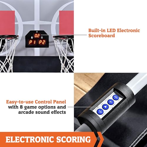 Hall of Games EZ Fold Premium Indoor Arcade Basketball Game with Steel Frame and Polycarbonate Backboard, Dual Shot Electronic Scoring with 6 Size 3 Balls Included, Perfect for Basement Game Rooms - style: FAST-Fold (Easy to assemble)