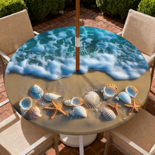 Round Outdoor Tablecloth with Umbrella Hole, Zippered Fitted Tablecloth with Elastic Edge, Waterproof Table Cloth Cover for Picnic Party Fits 37"-44" Round Table, Shell - color: Shell, size: 44" (Round)