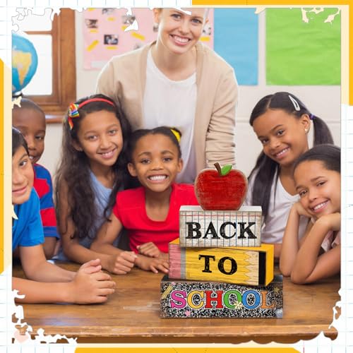 Lineshading 4 Pcs Back to School Table Decorations Retro Red Apples Decor Back to School Tiered Tray Decor Apple Centerpieces Rustic Wood Pencil Block Sign Farmhouse Gifts for Class Party Home Shelf - style: Back to School