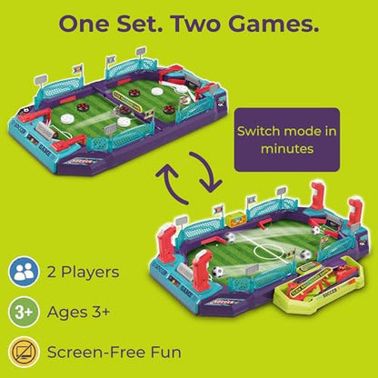 Soccer Board Game — 2 in 1 Foosball & Sling Puck Game Set with Dual Control Handles, Scorekeeper and Goal Bell, Soccer Toys for Kids Ages 3+
