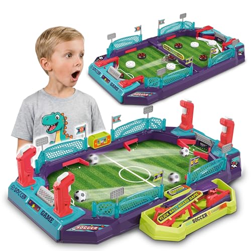 Soccer Board Game — 2 in 1 Foosball & Sling Puck Game Set with Dual Control Handles, Scorekeeper and Goal Bell, Soccer Toys for Kids Ages 3+