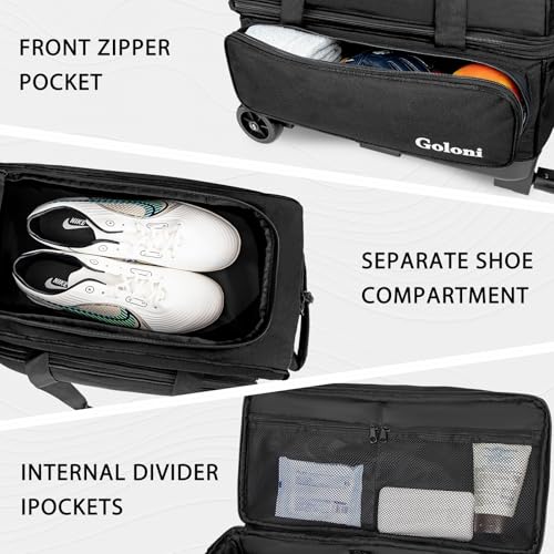 Goloni Double Roller 2 Ball Bowling Bag with Separate Shoe Compartment,2 Ball Bowling Bag with Wheels,Retractable Handle Extends to 40" - color: Black