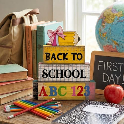 Lineshading 4 Pcs Back to School Table Decorations Wooden Pencil Stacked Block Decor, "ABC 123" Signs with Pencil Topper, Rustic Back to School Tiered Tray Decoration for Home Classroom Teacher Desk - style: Back to School 2