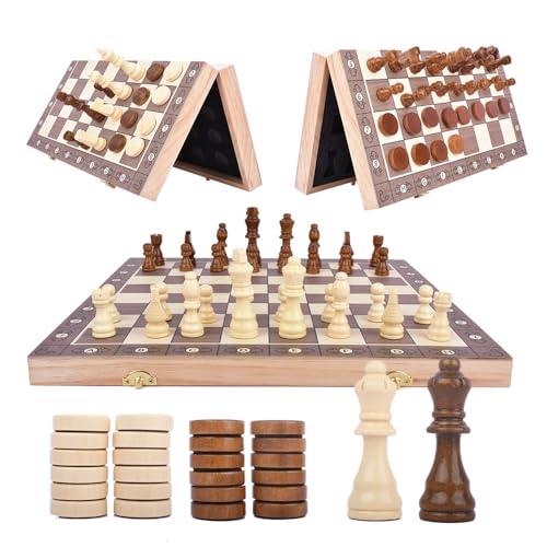 Magnetic Chess & Checkers Set 15", 2-in-1 Foldable Wooden Board | Melamine Surface, Exclusive Numbered Chess Board, Secure Storage Slots, Family Strategy Game for Kids and Adults