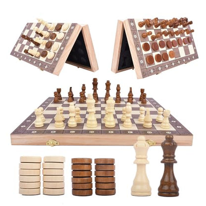 Magnetic Chess & Checkers Set 15", 2-in-1 Foldable Wooden Board | Melamine Surface, Exclusive Numbered Chess Board, Secure Storage Slots, Family Strategy Game for Kids and Adults