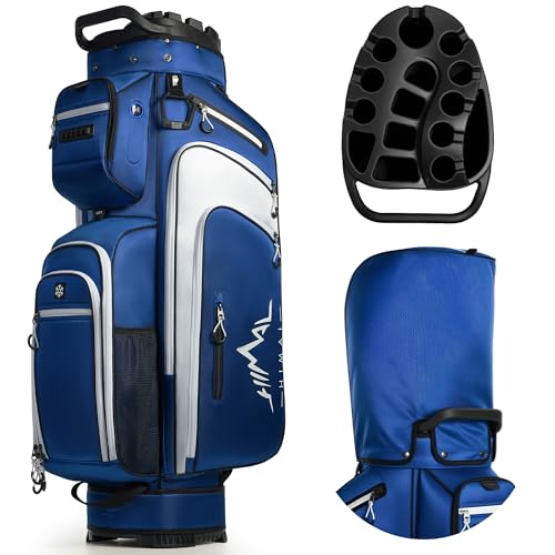 uniHimal T-Lock Golf Cart Bag with Quiet 14-Way Full-Length Divider Top | Golf Bag for Men with Magnetic Pocket, Cooler Pocket, Handle and Rain Cover - color: White Blue