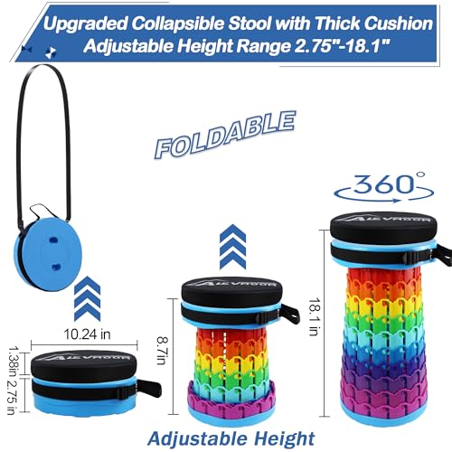 ALEVMOOM 2026 Collapsible Stool with Thick Cushion, H18.1 D10.24 More Sturdy Capacity 600Ib,Collapsible Adjustable Folding Stool for Camping Hiking Mountain Garden BBQ - color: Rainbow
