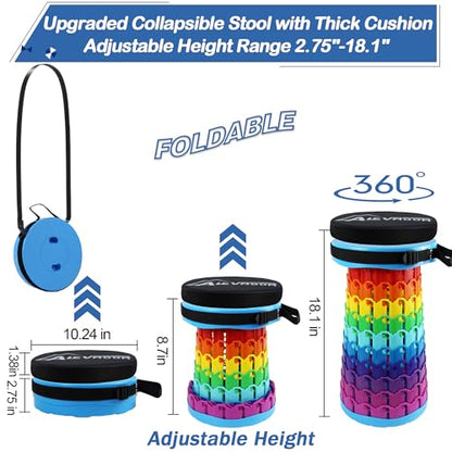 ALEVMOOM 2026 Collapsible Stool with Thick Cushion, H18.1 D10.24 More Sturdy Capacity 600Ib,Collapsible Adjustable Folding Stool for Camping Hiking Mountain Garden BBQ - color: Rainbow