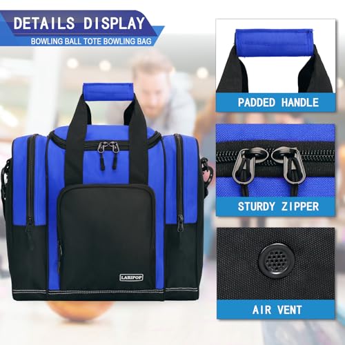 LARIPOP Bowling Ball Bag, Single Bowling Tote with Padded Ball Holder, Ventilated Shoe Pocket & Adjustable Shoulder Strap for Adult Bowlers Men Women - color: Black+Blue