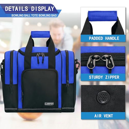 LARIPOP Bowling Ball Bag, Single Bowling Tote with Padded Ball Holder, Ventilated Shoe Pocket & Adjustable Shoulder Strap for Adult Bowlers Men Women - color: Black+Blue