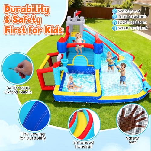 Whubefy 15x14.5ft Bounce House Water Slide Park, 13in1 Huge Blow up Waterslides Inflatable for Kids Backyard w/750W Blower, Pool, Soccer Goal, 5-hole Target Toss Game, Dart Board for Big Kids 8-12 3-6