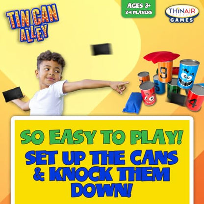 Thin Air Brands Ban Bag Toss Game for Kids - Carnival Can Beanbag Toss Game for Birthday Parties, Holidays, or Family Fun - 10 Fun Cans and 3 Beanbags - Indoor Outdoor Bowling Fun