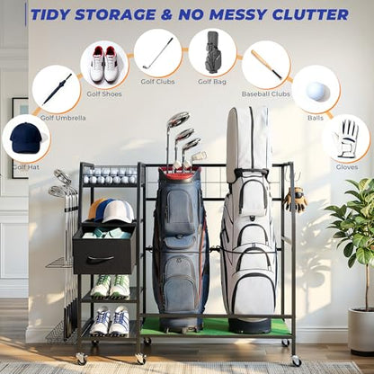 Golf Bag Organizer Storage Rack, Rolling Golf Storage Organizer for Garage, Golf Equipment Holder with Wheels, Turf Mat, Carbon Steel - size: 43.3 in (L) x 15.8 in (W) x 37.4 in (H)