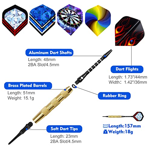 Soft Tip Darts 12 Pcs 18g Plastic Tip Darts Set with Brass Steel Barrels&Aluminum Shafts,200 Extra Dart Tips 42 Dart Flights 20 Extra Rubber Rings and 1 Storage Bag for Electronic Dart Board