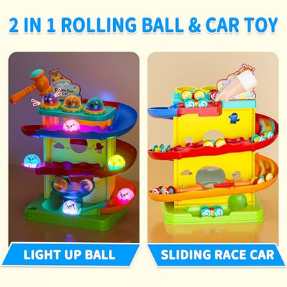Funwee 2-in-1 Light Up Rolling Ball & Racing Car Ramp Toddler Toy, Race Track Hammer Ball Drop Toys, Interactive Montessori Learning Game for Kids 1-5+ Year Old Girl Boy Gift(Yellow) - color: Yellow