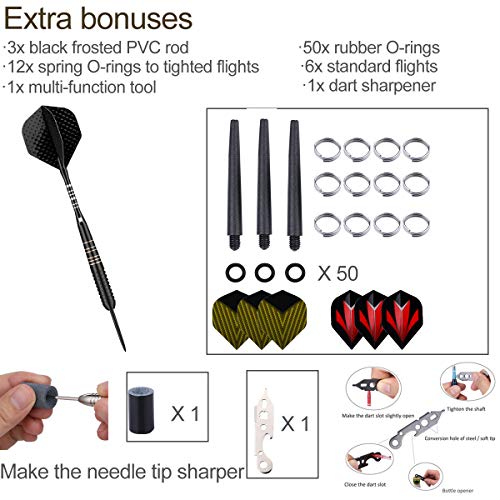 Steel Tip Darts Set for Dartboard, Professional Brass Darts Metal Tip Black Purple Aluminium Nylon Shafts 9 Flights 50 Rubber O-Rings 12 Spring Rings 1 Dart Sharpener Tool 24/27 Grams - color: 23g Black