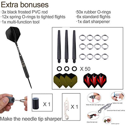 Steel Tip Darts Set for Dartboard, Professional Brass Darts Metal Tip Black Purple Aluminium Nylon Shafts 9 Flights 50 Rubber O-Rings 12 Spring Rings 1 Dart Sharpener Tool 24/27 Grams - color: 23g Black