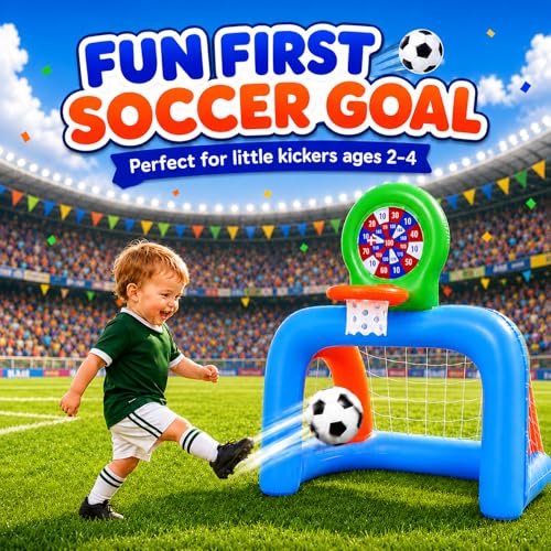 Toddler Soccer Goal & Basketball Hoop Set for Ages 2-4, 3-in-1 Inflatable Kids Sports Center with Sticky Ball Target, Indoor Outdoor Soccer Net Birthday Gift for Boys Girls