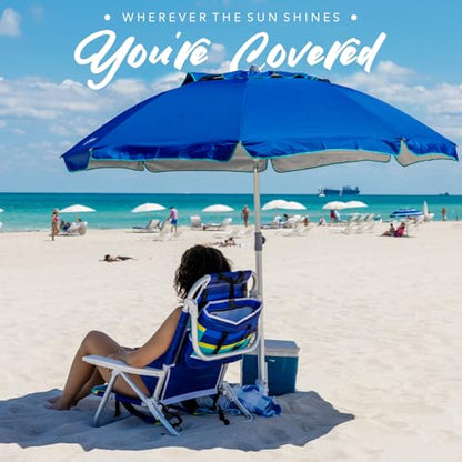 AMMSUN 7ft Heavy Duty HIGH Wind Beach Umbrella with sand anchor & Tilt pole Sun Shelter, UV 50+ Protection Outdoor Sunshade Umbrella with Carry Bag for Patio Garden Beach Pool Backyard Blue - color: Solid Blue