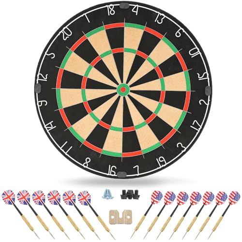 Sisal Dart Board Set, Professional Brazilian Sisal Dartboard-18 with 12 Steel Tip Darts. Stainless Steel Thin Wire System, Rotational Number Ring, Dartboard Mounting Kits Included