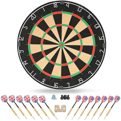 Sisal Dart Board Set, Professional Brazilian Sisal Dartboard-18 with 12 Steel Tip Darts. Stainless Steel Thin Wire System, Rotational Number Ring, Dartboard Mounting Kits Included