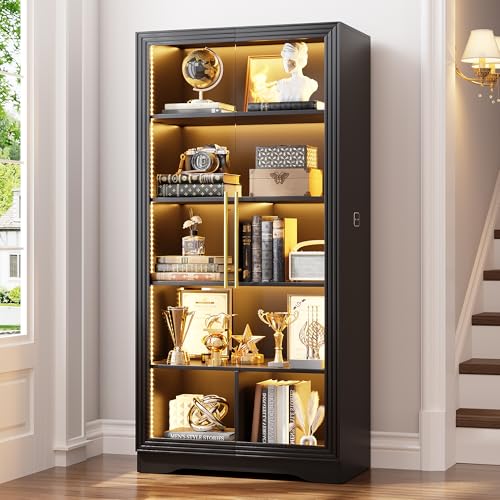 LVSOMT Display Cabinet with Glass Doors and Adjustable Shelves, 65" Tall Bookcase with LED Lights and Human Sensor, 5 Tier Display Case for Collectibles with Storage, Home Office Living Room, Black - color: Black