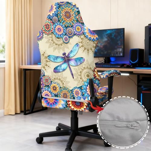 Dragonfly Print Gaming Chair Slip Cover Set Boho Mandala Flower Print Gaming Chair Covers Slipcovers 4Pcs with Armrest Cover Universal Fit for Desk/Swivel/Rotating Chairs Protector - color: Multi - Dragonfly Boho Mandala Flower