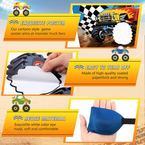 Faccito Monster Truck Birthday Games Pin The Wheels on The Monster Truck Large Poster with 24 Wheel Stickers and Game Blindfold Cars Pin The Wheels Game for Birthday Decorations Trucks Party Supplies - style: Monster