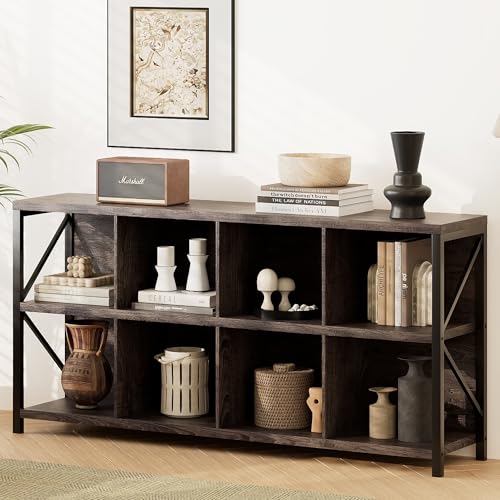 8 Cube Storage Organizer Bookshelf, Industrial Horizontal Bookcase, Accent Cubby Shelf, Media Console Table for Living Room, Home Office, 13.6" D x 63" W x 30.9" H, Dark Grey Oak - color: Dark Grey Oak, size: 8 Cube- 2 Tier
