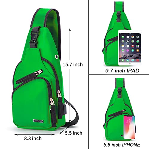 Seoky Rop Men Women Sling Backpack Nylon Water Resistant Shoulder Chest Crossbody Sling Bag with USB Charging Port - color: Green