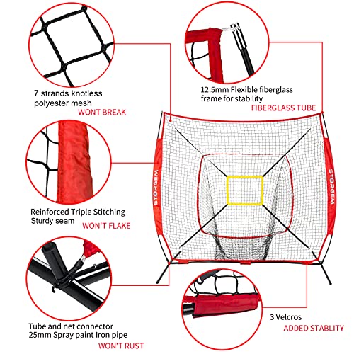 Storgem Baseball and Softball Practice Net 7×7ft Portable Hitting Pitching Batting Training Net Baseball Backstop Net with Batting Tee and Strike Zone and Bow Frame - color: Red Pro
