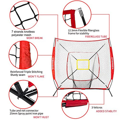 Storgem Baseball and Softball Practice Net 7×7ft Portable Hitting Pitching Batting Training Net Baseball Backstop Net with Batting Tee and Strike Zone and Bow Frame - color: Red Pro