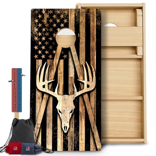 CornholeGamesUSA Pro Cornhole Boards Set | Made in USA | 3/4 Baltic Birch | No Bounce | Triple Thick Legs | Two Brace & Handles, Tournament 2x4 Regulation Set with Score Tower & Cornhole Bags - color: Deer Wood Flag