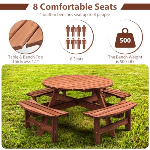 8-Person Round Wooden Picnic Table with Seat, Outdoor Camping Dining Table with 4 Built-in Benches, Brown - color: Brown, size: 8-Person Round
