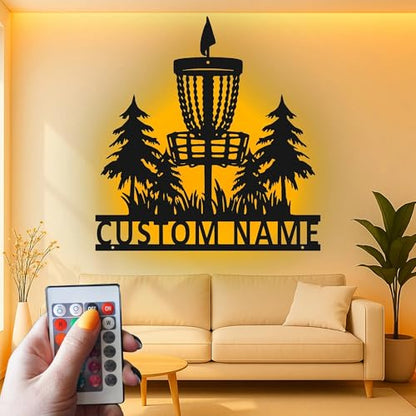 Custom Disc Golf Basket Led Light Metal Wall Art Personalized Gift for Disc Golfers Outdoor Sports Decor