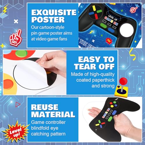 Faccito Pin The Button on The Video Game Birthday Games Set Video Game Poster with 24 Button Stickers 2 Games Controller Blindfolds for Birthday Party Wall Home Room Decorations Activities Supplies - style: Video