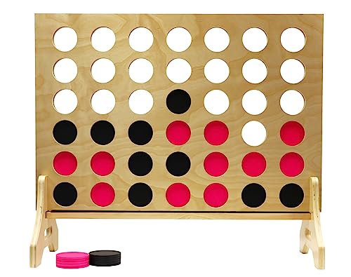 Giant 4 in a Row Game for Family & Adults – Tailgating Pros Jumbo Natural Wooden Four in a Row Indoor Outdoor Yard Game for Family Party Fun, Portable Activities for Patio, Backyard, and Camping - color: Black / Pink