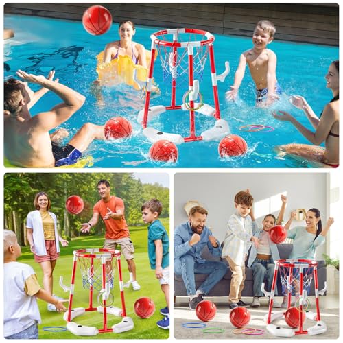 JUKUDAHU Swimming Pool Basketball Hoop Toy for Kids 2 3 4 5 6 Years Old - Floating Pool Basketball Game Toys with 4 Balls Air-Pump, Outdoor Play, Poolside Summer Water for Boys Girls Age 4-8-12 (Red) - color: Red